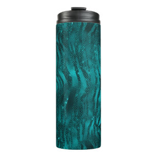 Teal Ombre Glam Glitter Tiger-Streifen-Muster Thermosbecher