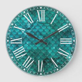 Teal Ombre Glam Mermaid Scales Pattern Große Wanduhr