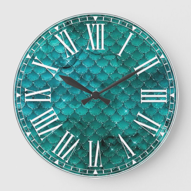 Teal Ombre Glam Mermaid Scales Pattern Große Wanduhr (Vorderseite)
