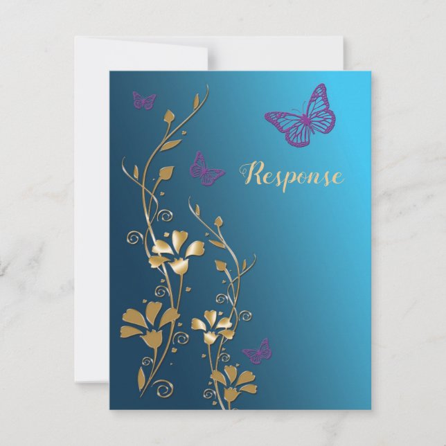 Teal, Or, Fleurs Violettes et Papillons RSVP (Devant)