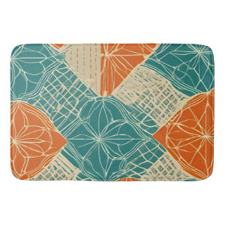 Teal, Orange, and Tan Abstract Flowers  Badematte