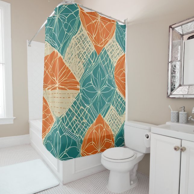 Teal, Orange, and Tan Abstract Flowers  Duschvorhang (Beispiel)