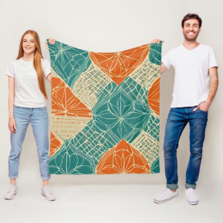 Teal, Orange, and Tan Abstract Flowers Fleecedecke