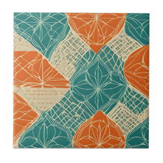 Teal, Orange, and Tan Abstract Flowers Fliese