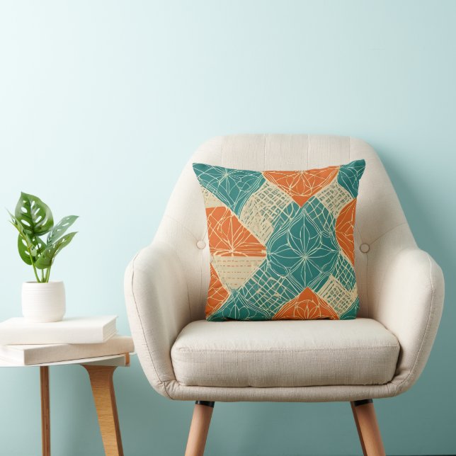 Teal, Orange, and Tan Abstract Flowers Kissen (Stuhl )