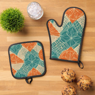 Teal, Orange, and Tan Abstract Flowers Ofenhandschuh & Topflappen-Set