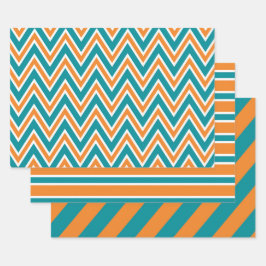 Teal, Orange, and White Chevron & Stripe Patterns Geschenkpapier Set