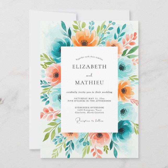 Teal Orange Bloom Hochzeit Einladung (Vorderseite)