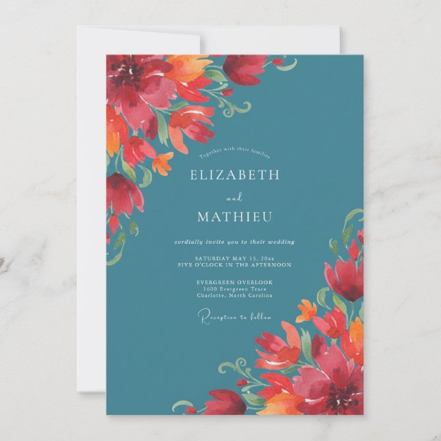 Teal Orange Mohn Hochzeit Einladung (Vorderseite)
