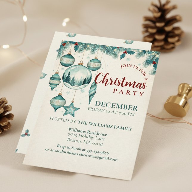  Teal Ornament Christmas Party Invitation Art Einladung (Calm Winter Theme)