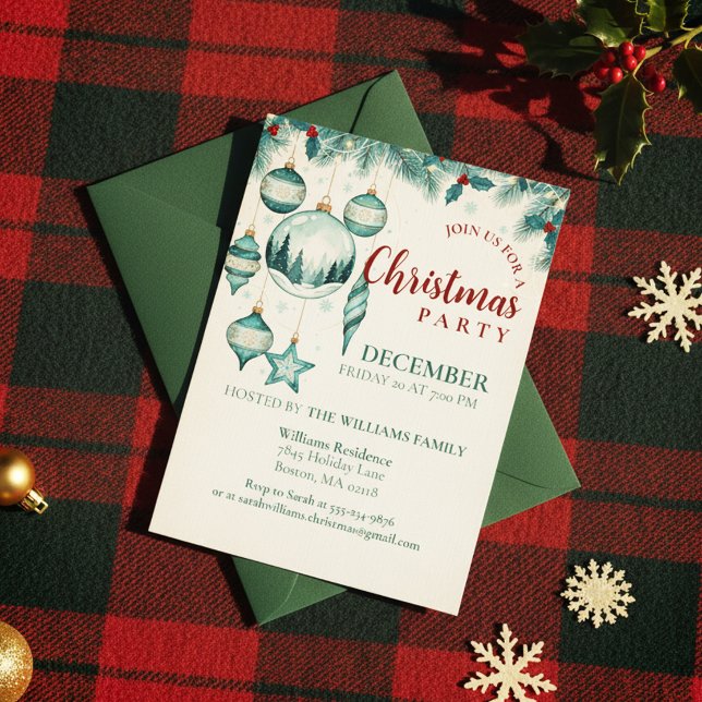  Teal Ornament Christmas Party Invitation Art Einladung (Winter Celebration Invite)