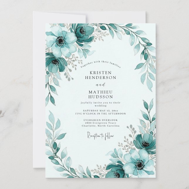 Teal Painterly Winter Wedding Einladung (Vorderseite)