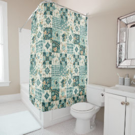 Teal Patchwork-Quilt Rustikale Blumen Retro Duschvorhang