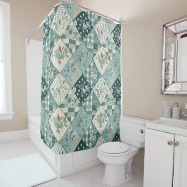 Teal Patchwork-Quilt Rustikale Blumen Retro Duschvorhang