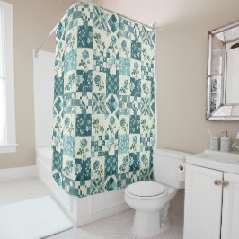 Teal Patchwork-Quilt Rustikale Blumen Retro Duschvorhang