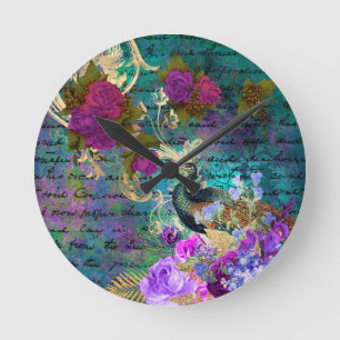Teal Peacocks Peacock French Acrylic Wall Clock Runde Wanduhr
