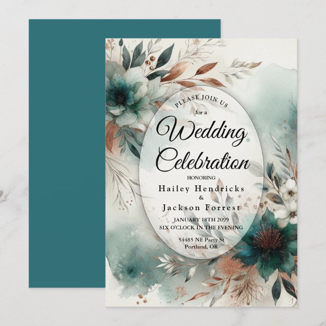 Teal Petals in Bronze Bloom Wedding Einladung (Vorne/Hinten)