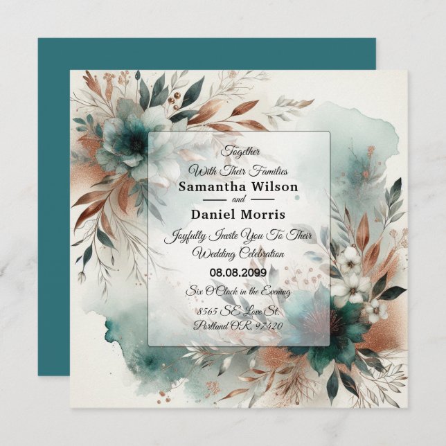 Teal Petals in Bronze Bloom Wedding Einladung (Vorne/Hinten)