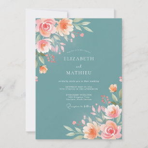 Teal Pfirsichblüten-Hochzeit Einladung