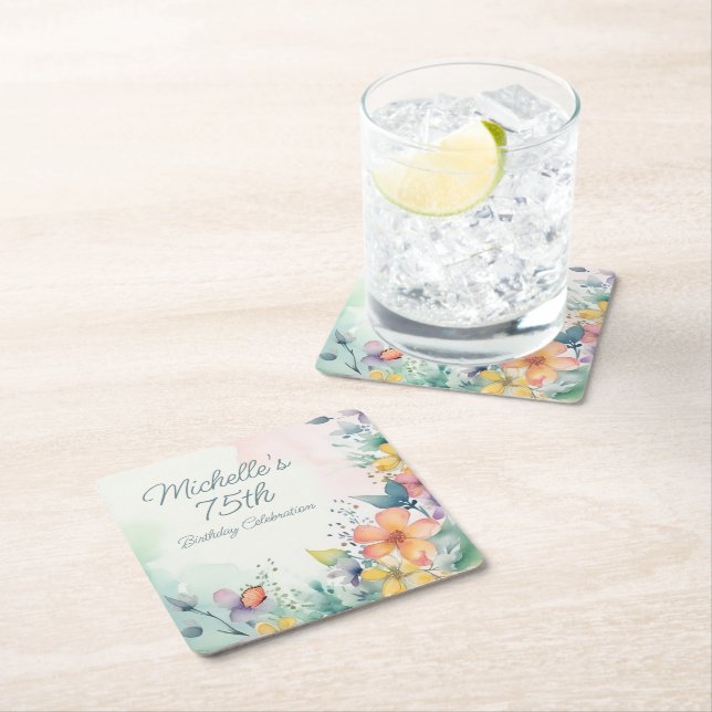 Teal Pink Yellow Pastel Floral 75th Birthday Rechteckiger Pappuntersetzer (Vor Ort)