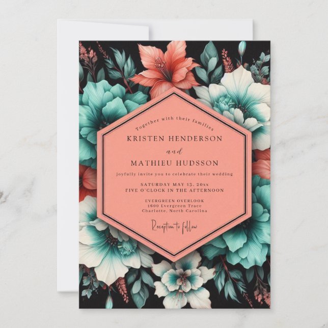 Teal Poetic Bloom Wedding Einladung (Vorderseite)