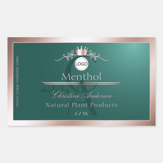 Teal Product Label Rose Gold Frame Logo Monogram Rechteckiger Aufkleber (Vorderseite)