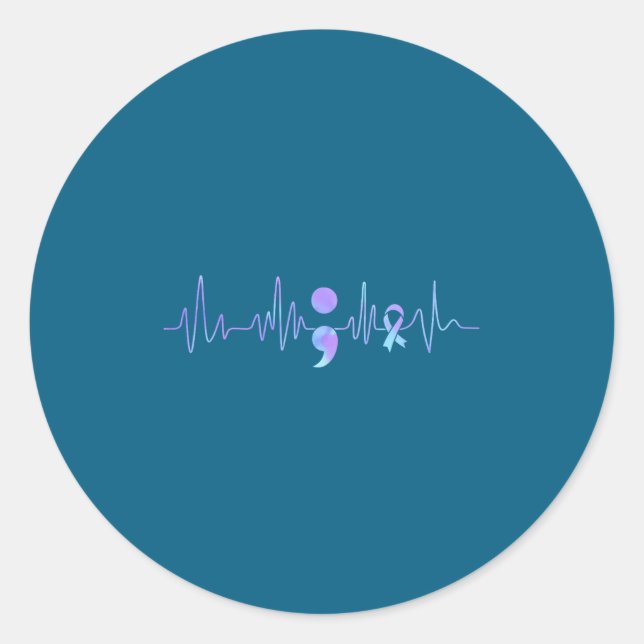 Teal Purple Heartbeat Semicolon Suicide Prevention Runder Aufkleber (Vorderseite)