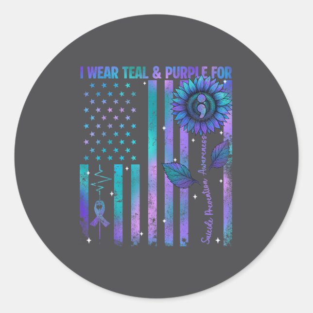 Teal Purple Us Usa Flag Suicide Prevention Awarene Runder Aufkleber (Vorderseite)