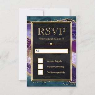 Teal-, Purpur- und Gold-Glitter-Achat-Hochzeit RSVP Karte