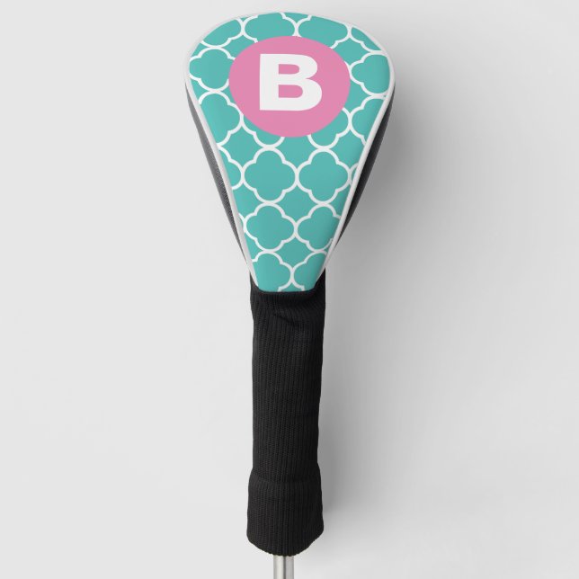 Teal Quatrefoil Pattern Custom Pink Monogram Golf Headcover (Vorderseite)