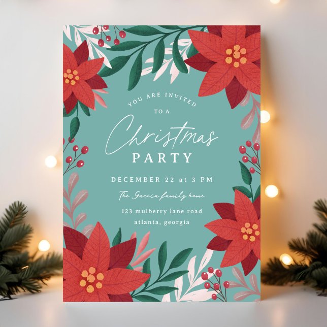 Teal + Red Festive Flowers Christmas Party Einladung (red and blue illustrated Christmas party invitation with florals and botanicals)
