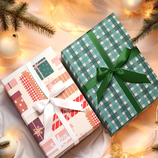 Teal Red Retro Gifts Plaid Pattern Christmas Geschenkpapier Set (Von Creator hochgeladen)