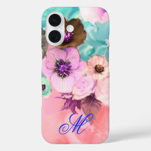 TEAL ROSA UND ANEMONE BLUMEN MONOGRAMM iPhone 16 HÜLLE