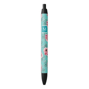 Teal   Rosa und grüne florale Monogramm Kugelschreiber