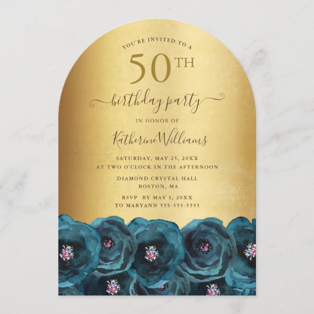 Teal Rose Floral Gold 50th Birthday Party Einladung (Vorderseite)