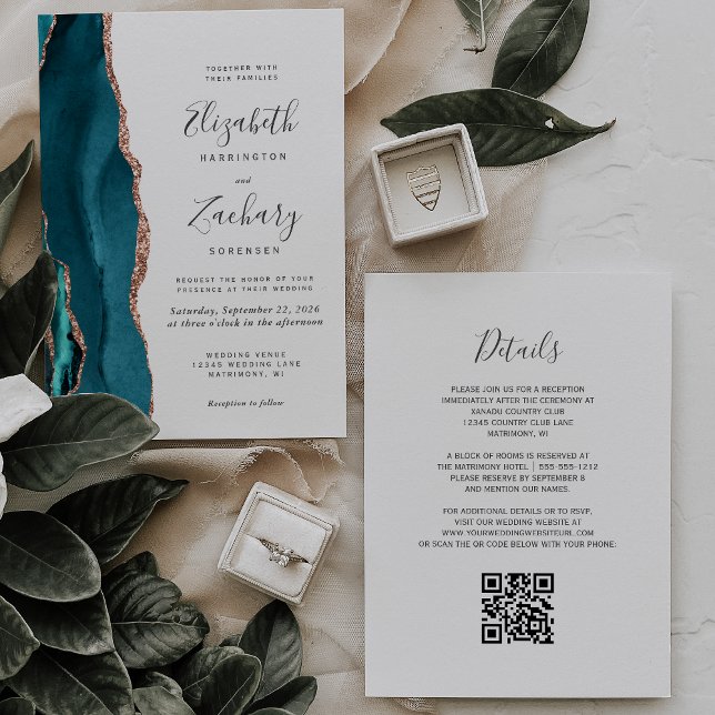 Teal Rose Gold Agate QR Code Wedding Invitation (Créateur téléchargé)