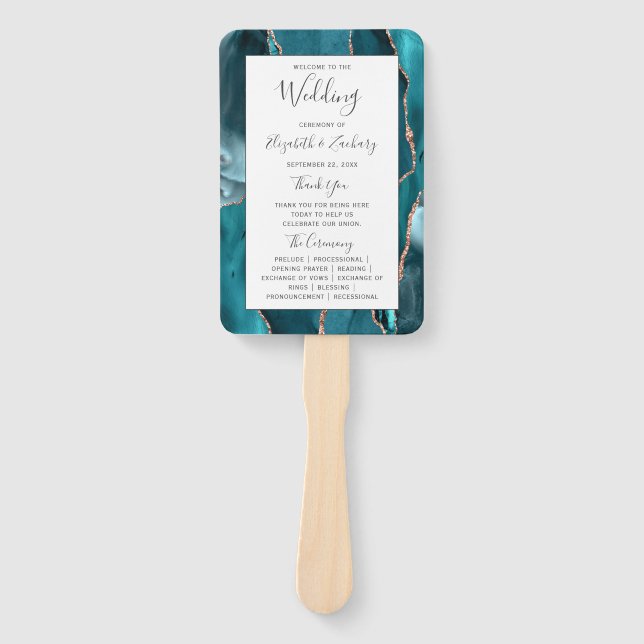 Teal-Roségold-Achat-Weißes Hochzeitsprogramm Fächer (Vorderseite)