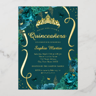 Teal-Rosen-Blumen-Schmetterlings-Tiara Quinceanera Folieneinladung