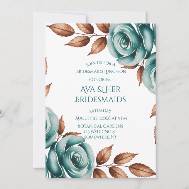 Teal Roses and Bronze Leaves Bridesmaids Luncheon Einladung (Vorderseite)