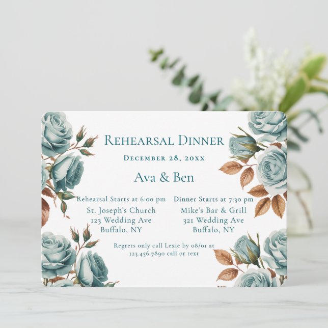 Teal Roses And Bronze Leaves Rehearsal Dinner Einladung (Stehend Vorderseite)