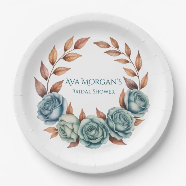 Teal Roses and Copper Leaves Bridal Shower Pappteller (Vorderseite)