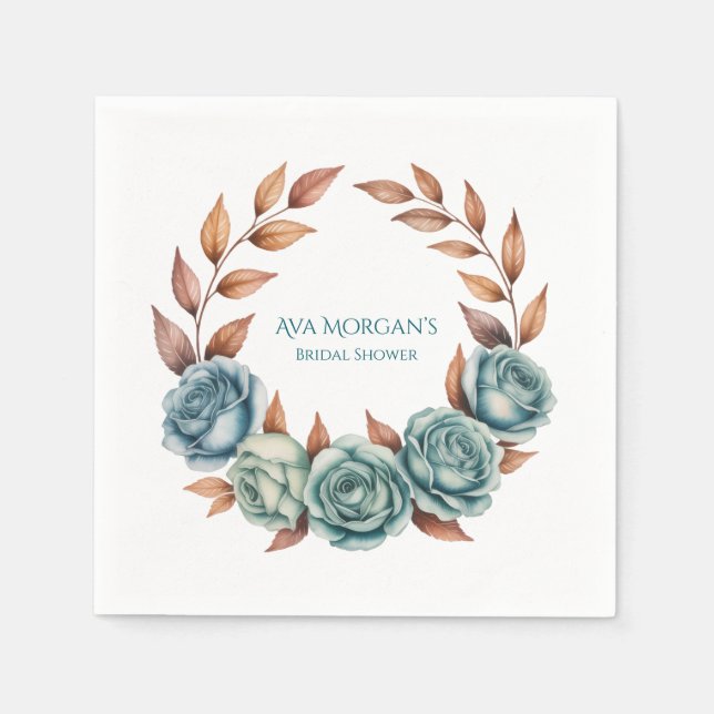 Teal Roses and Copper Leaves Bridal Shower Serviette (Vorderseite)