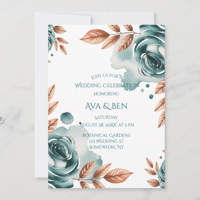 Teal Roses and Copper Leaves Wedding Celebration  Einladung (Vorderseite)
