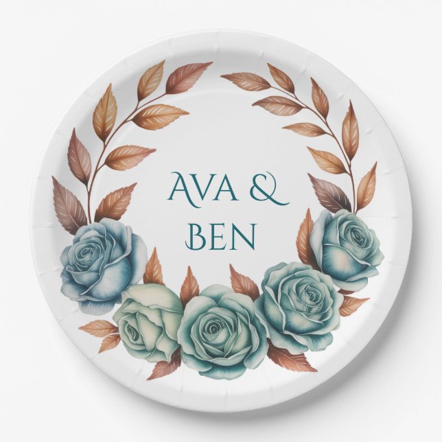 Teal Roses and Copper Leaves Wedding Pappteller (Vorderseite)