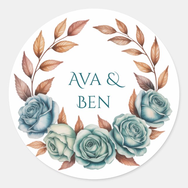 Teal Roses and Copper Leaves Wedding Runder Aufkleber (Vorderseite)