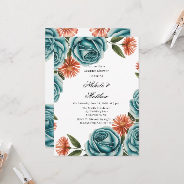 Teal Roses and Orange Floral Couples Shower Einladung (Vorderseite/Rückseite Beispiel)