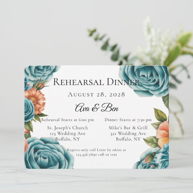 Teal Roses and Orange Floral Rehearsal Dinner Einladung (Stehend Vorderseite)