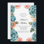 Teal Roses and Orange Floral Wedding Shower Einladung<br><div class="desc">A beautiful floral wedding design featuring watercolor teal roses and soft coral daisies arranged in elegant corners on a clean white background. Perfect for modern romantic weddings, bridal showers, or engagement invitations. This design blends classic charm with a touch of contemporary style, creating a timeless and sophisticated look for your...</div>