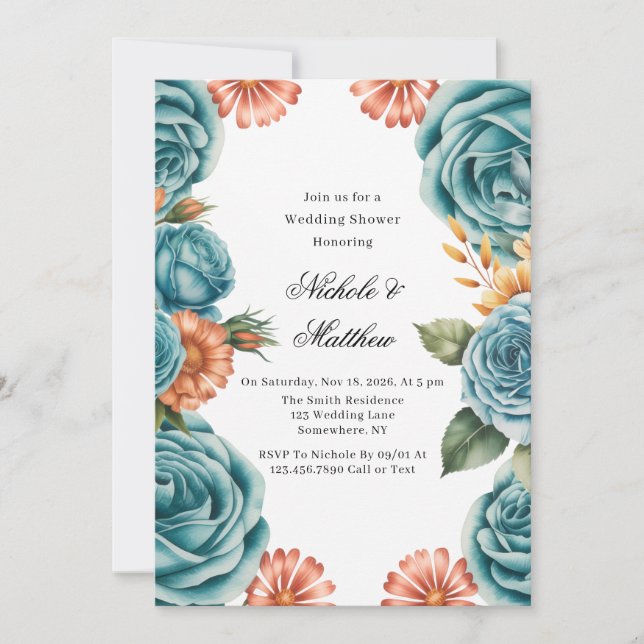 Teal Roses and Orange Floral Wedding Shower Einladung (Vorderseite)