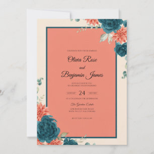 Teal-Rost-Pfingstrosen-Hochzeit Einladung